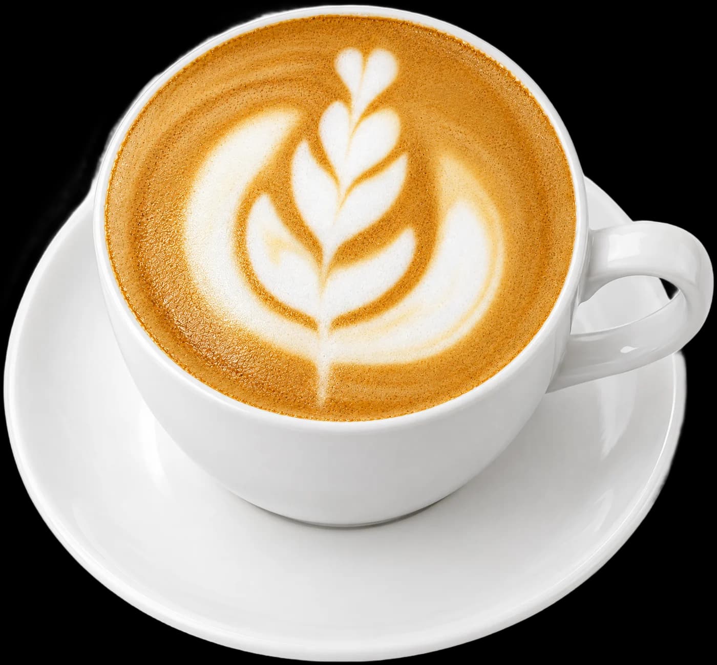 Un latte con arte de hoja en taza blanca de cerámica con su plato