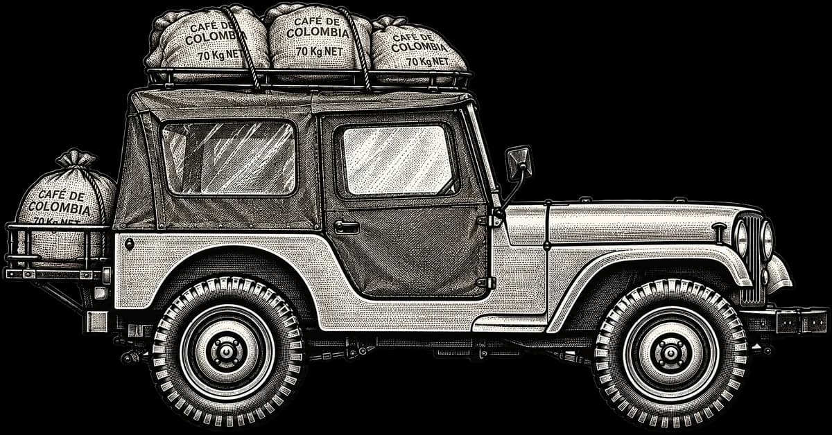 El jeep CJ-5 de Gastro 70V7 visto de lado, con carpa y bultos de café en la parrilla